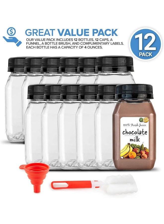 Stock Your Home 4 Ounce Mini Bottles for Mini Fridge, Reusable Juice Containers with Black Caps, Small Bottle for Liquids in Kids Lunch Box, Clear Empty Plastic Container with Lids for Juicing - Image 2