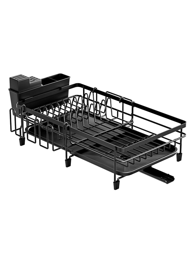 LOKIPA Iron Dish Drying Rack with Drainboard Dish Drainers for Kitchen Counter Extendable Spout Strainers with Utensil Holder and Knife Slots - Black  - Image 1