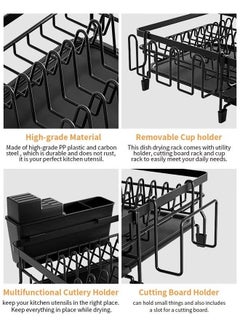 LOKIPA Iron Dish Drying Rack with Drainboard Dish Drainers for Kitchen Counter Extendable Spout Strainers with Utensil Holder and Knife Slots - Black  - Image 4