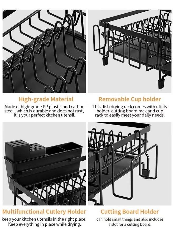 LOKIPA Iron Dish Drying Rack with Drainboard Dish Drainers for Kitchen Counter Extendable Spout Strainers with Utensil Holder and Knife Slots - Black  - Image 4