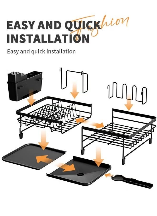 LOKIPA Iron Dish Drying Rack with Drainboard Dish Drainers for Kitchen Counter Extendable Spout Strainers with Utensil Holder and Knife Slots - Black  - Image 5