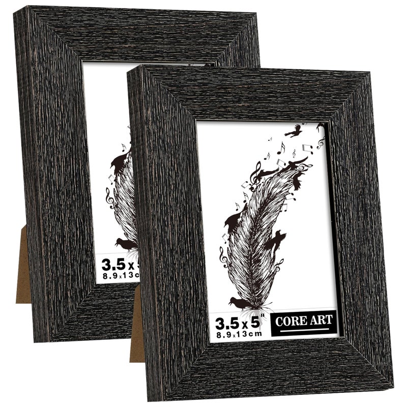 CORE ART 3.5x5 Picture Frame  Handmade Wood Rustic Black Photo Frame Set of 2  High Definition Semi-tempered Glass Wall or Tabletop Display - Image 1