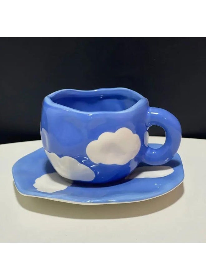 Noviko Blue Sky and White Cloud Coffee Mug with Saucer Ceramic Coffee Cup for Women - Image 1