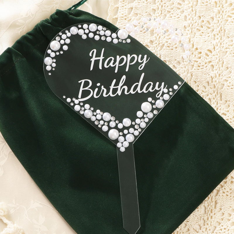 Coucoland Happy Birthday Cake Topper - Heart Acrylic Cake Decor with Sparkling Rhinestones and Pearls for Party Supplies - Image 3