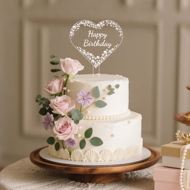 Coucoland Happy Birthday Cake Topper - Heart Acrylic Cake Decor with Sparkling Rhinestones and Pearls for Party Supplies - Image 2