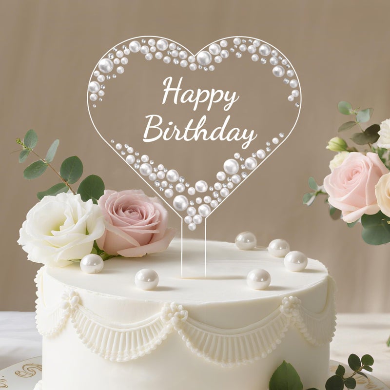 Coucoland Happy Birthday Cake Topper - Heart Acrylic Cake Decor with Sparkling Rhinestones and Pearls for Party Supplies - Image 1