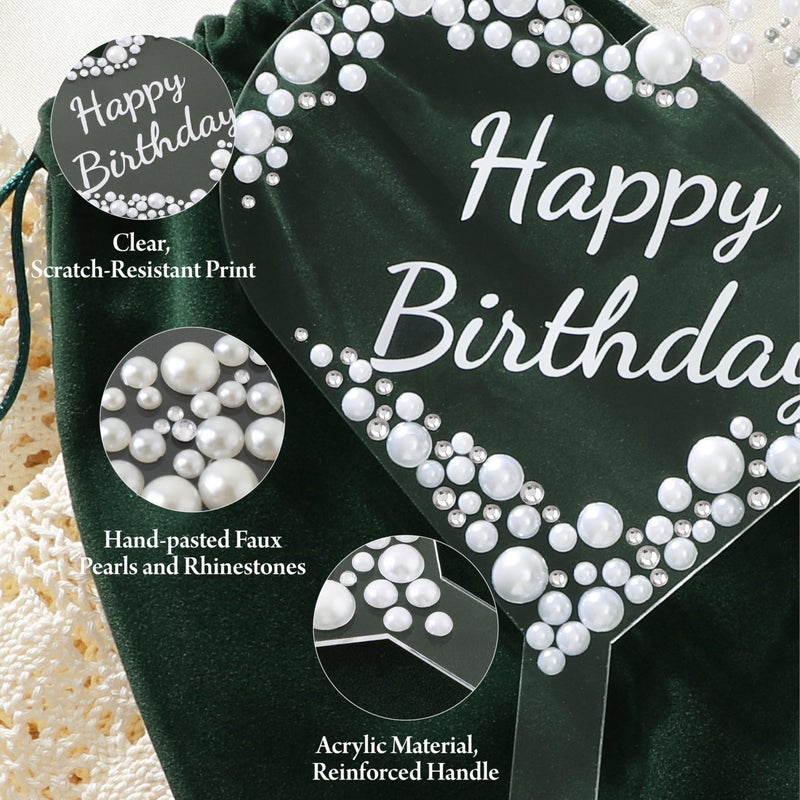 Coucoland Happy Birthday Cake Topper - Heart Acrylic Cake Decor with Sparkling Rhinestones and Pearls for Party Supplies - Image 5