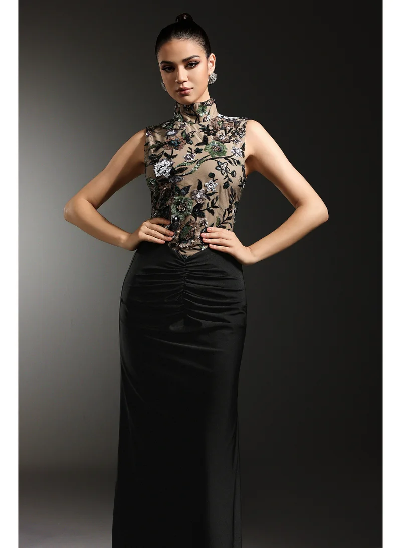 Bella Barnett  Elisabeth Flowers Sequins Slim Black Maxi Dress for Women | Best Price UAE