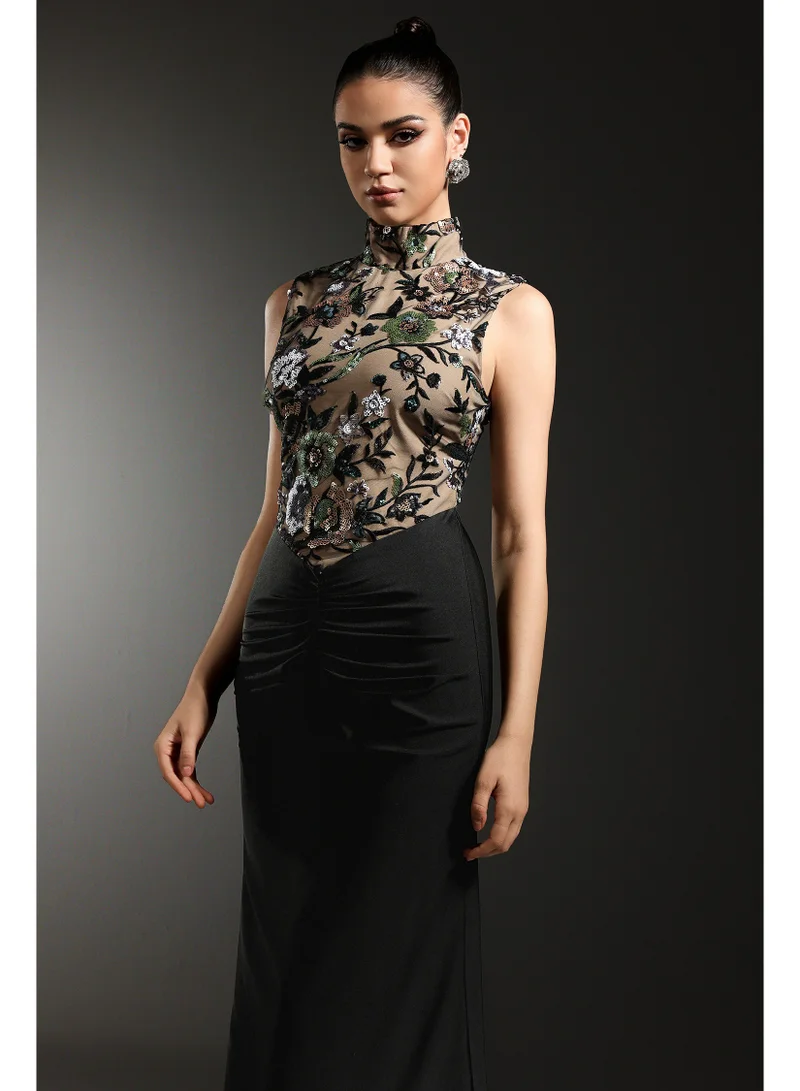 Bella Barnett  Elisabeth Flowers Sequins Slim Black Maxi Dress for Women | Best Price UAE