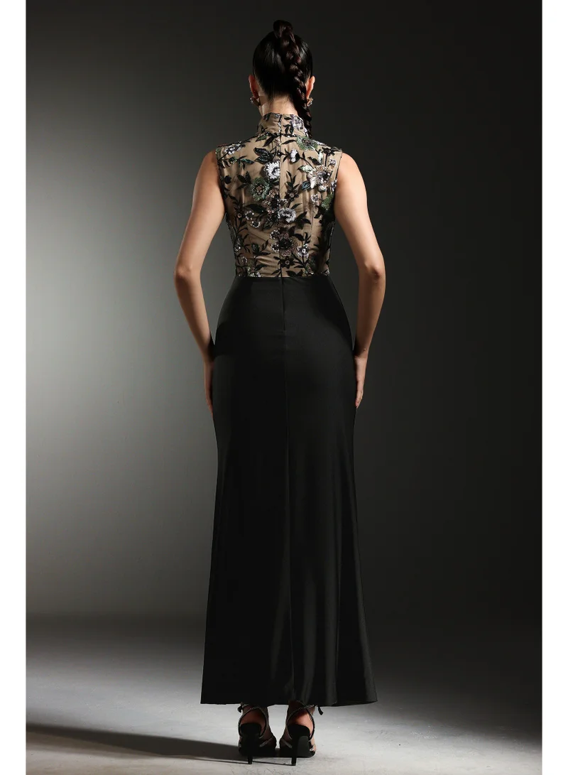 Bella Barnett  Elisabeth Flowers Sequins Slim Black Maxi Dress for Women | Best Price UAE