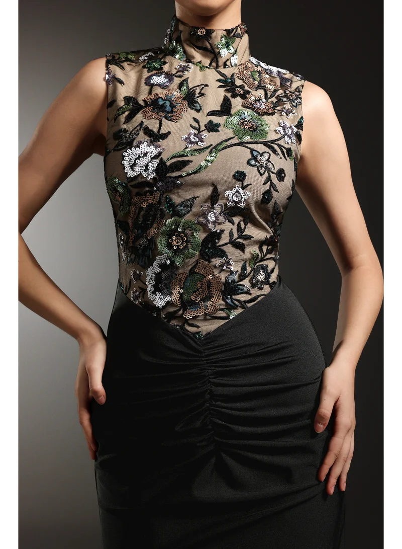 Bella Barnett  Elisabeth Flowers Sequins Slim Black Maxi Dress for Women | Best Price UAE