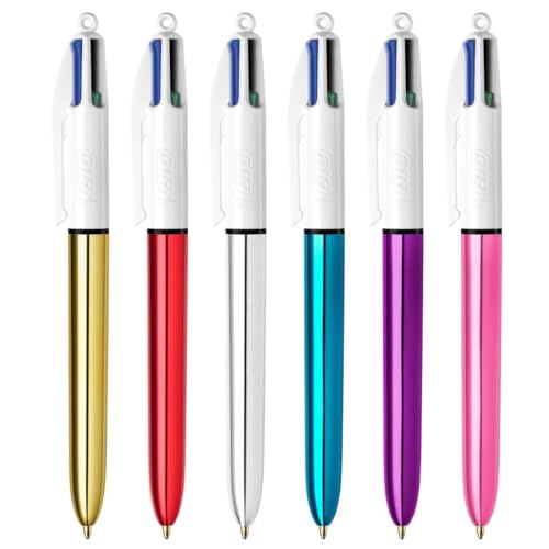 BIC 4 Colours Shine Retractable Ballpoint Pens Medium Point 10 mm Assorted Metallic Barrels Box of 12 - Image 1