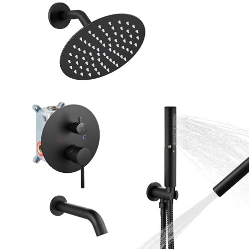 Airuida 3Function Rain Shower System Set Wall Mount Tub Shower Combo with Handheld Shower and Tub Spout8 Inch Shower HeadMatte Black - Image 1