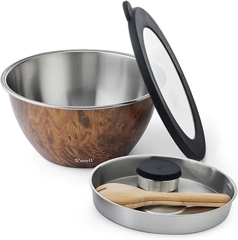 S'well Stainless Steel Salad Bowl Kit XL 184oz, Teakwood, Includes 5oz Canister For Dressing, Serving Utensils, and Removable Tray, Leakproof, Easy to Clean, Dishwasher and Refrigerator Safe - Image 1
