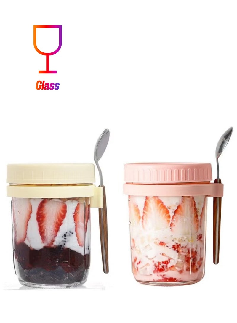 Anna 2-Pack Glass Containers with Lids and Spoons - Sealed Portable Breakfast Cups for Oatmeal, Milk, Salad, and Yogurt - Image 1