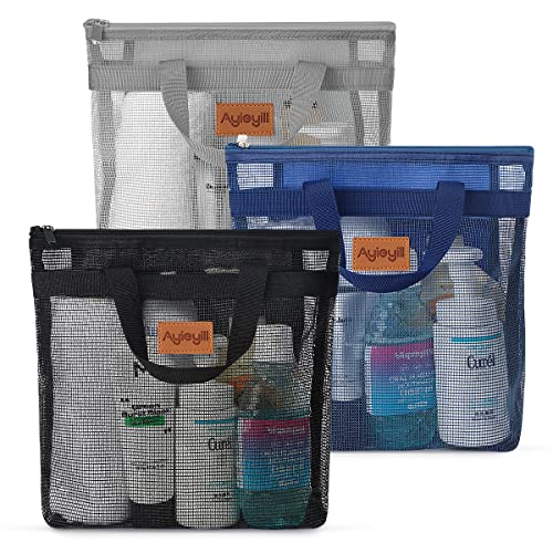 A.DASHER 3 Pcs Portable Mesh Shower Caddy Tote, Quick Dry Tote Bag Mesh Beach Bags for Women, Hanging Toiletry and Bath Organizer for Travel Swimming Sports Gym Camp Shopping College Dorms (Black Gray D Blue) - Image 1