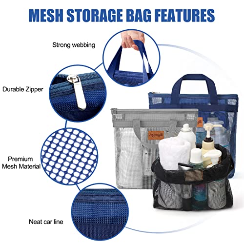 A.DASHER 3 Pcs Portable Mesh Shower Caddy Tote, Quick Dry Tote Bag Mesh Beach Bags for Women, Hanging Toiletry and Bath Organizer for Travel Swimming Sports Gym Camp Shopping College Dorms (Black Gray D Blue) - Image 3