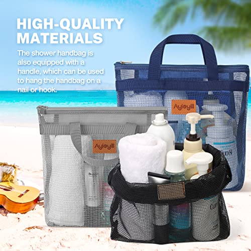 A.DASHER 3 Pcs Portable Mesh Shower Caddy Tote, Quick Dry Tote Bag Mesh Beach Bags for Women, Hanging Toiletry and Bath Organizer for Travel Swimming Sports Gym Camp Shopping College Dorms (Black Gray D Blue) - Image 4