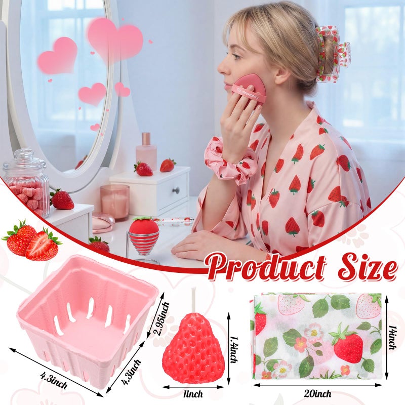Suncalla 6 Set/ 54 Pcs Strawberry Baby Shower Game Prizes Strawberry Party Favors Pink Baskets Hair Scrunchies Bang Clips Claw Clip Candles Makeup Sponge Pen Paper for Birthday Bridal Shower Gifts - Image 4