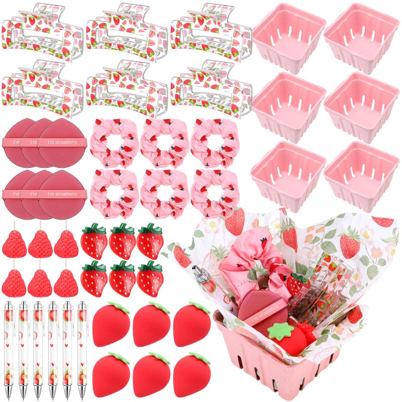 Suncalla 6 Set/ 54 Pcs Strawberry Baby Shower Game Prizes Strawberry Party Favors Pink Baskets Hair Scrunchies Bang Clips Claw Clip Candles Makeup Sponge Pen Paper for Birthday Bridal Shower Gifts - Image 1