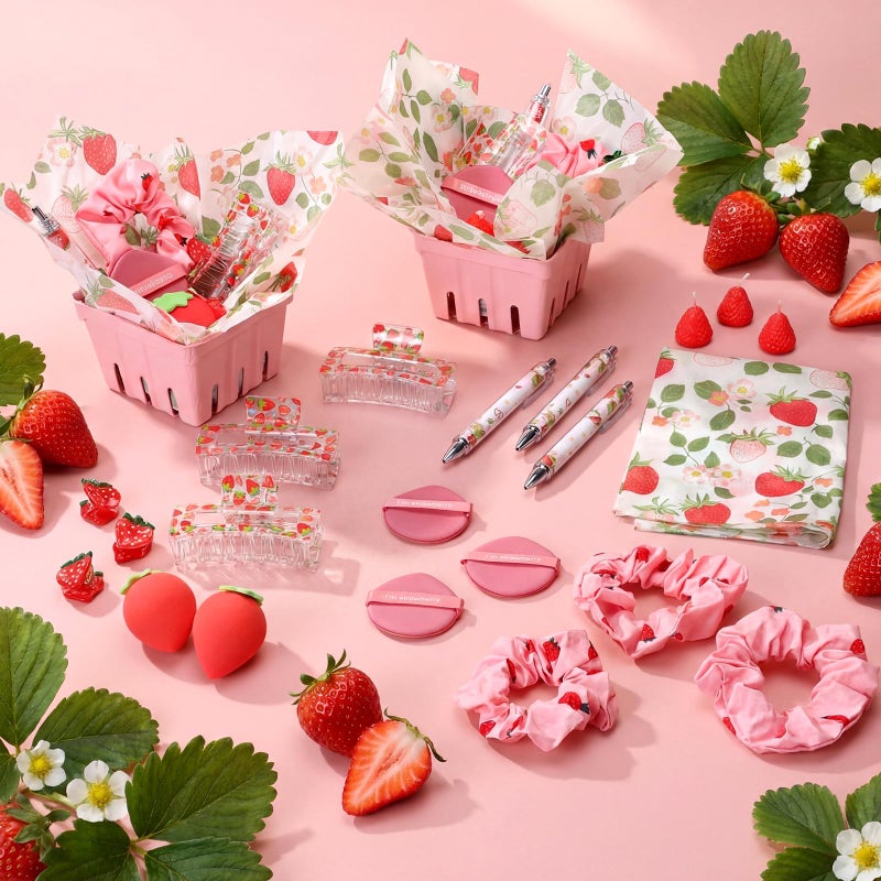 Suncalla 6 Set/ 54 Pcs Strawberry Baby Shower Game Prizes Strawberry Party Favors Pink Baskets Hair Scrunchies Bang Clips Claw Clip Candles Makeup Sponge Pen Paper for Birthday Bridal Shower Gifts - Image 2