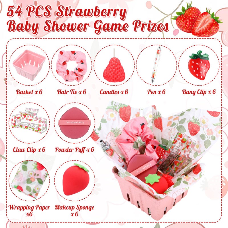 Suncalla 6 Set/ 54 Pcs Strawberry Baby Shower Game Prizes Strawberry Party Favors Pink Baskets Hair Scrunchies Bang Clips Claw Clip Candles Makeup Sponge Pen Paper for Birthday Bridal Shower Gifts - Image 3