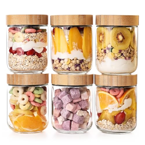 YUNCANG Glass jars with Airtight Lids 16oz Overnight Oats Containers with Bamboo Lids 6 Pack Wide mouth Mason Salad jars Glass Food Storage Containers for Spice Sugar Snacks Yogurt