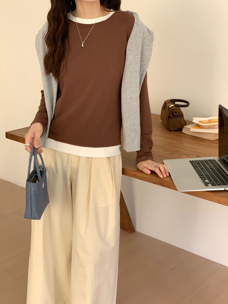 2024 Autumn and Winter New Korean Color Matching T Base Shirt Women's Modal Crewneck Fake Two-piece Long-sleeved Slim-fit Inner T-shirt - Image 3