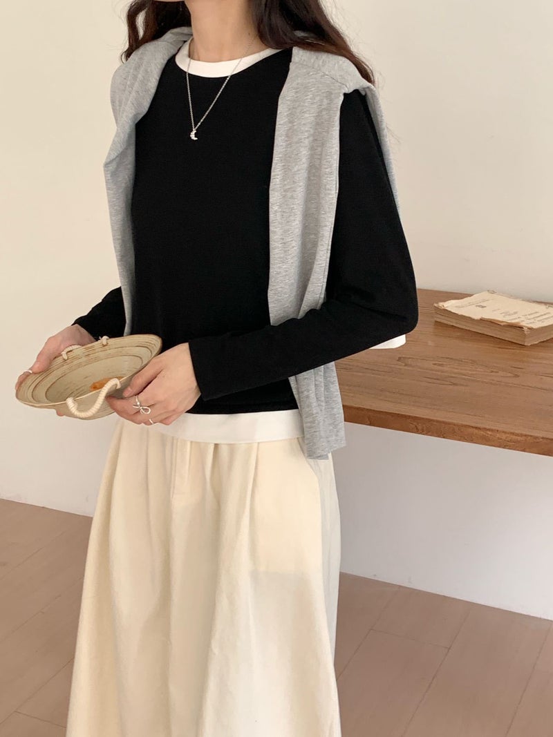 2024 Autumn and Winter New Korean Color Matching T Base Shirt Women's Modal Crewneck Fake Two-piece Long-sleeved Slim-fit Inner T-shirt - Image 2