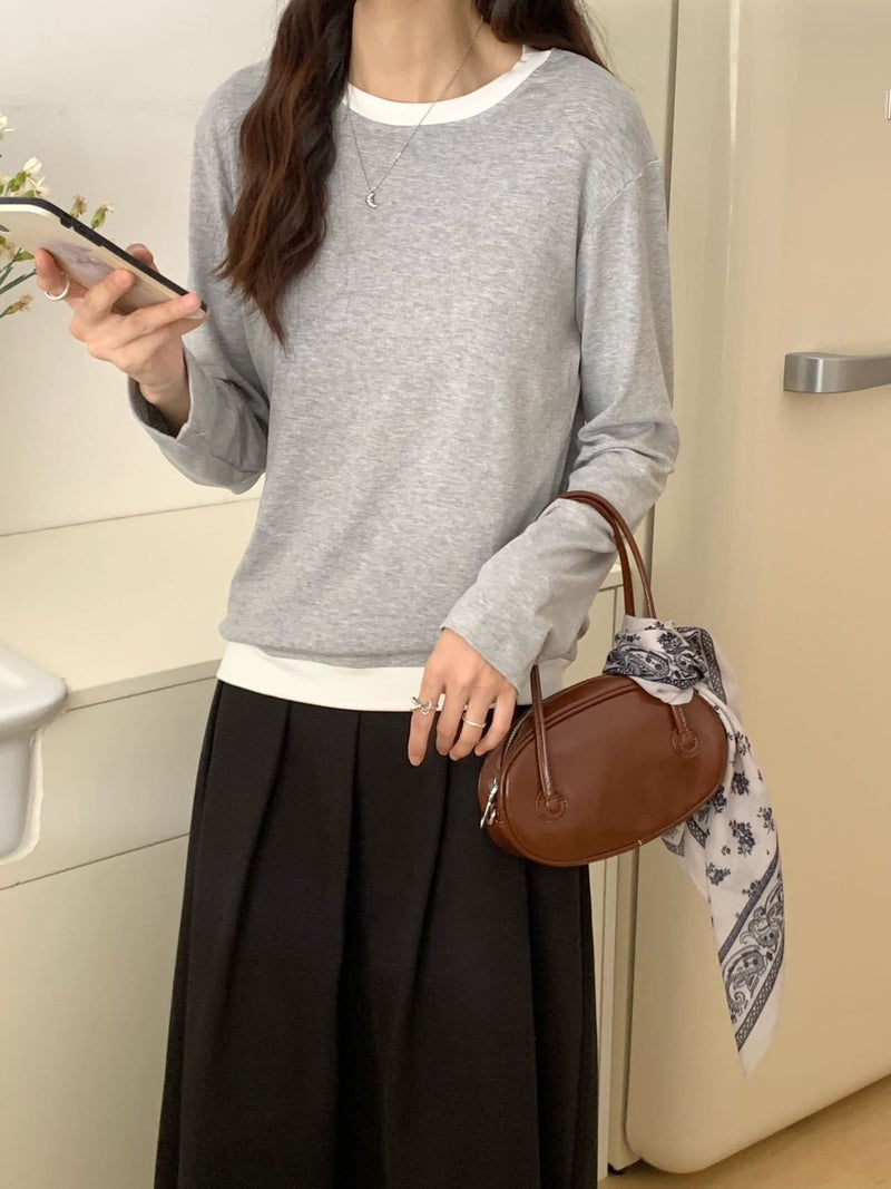 2024 Autumn and Winter New Korean Color Matching T Base Shirt Women's Modal Crewneck Fake Two-piece Long-sleeved Slim-fit Inner T-shirt - Image 1
