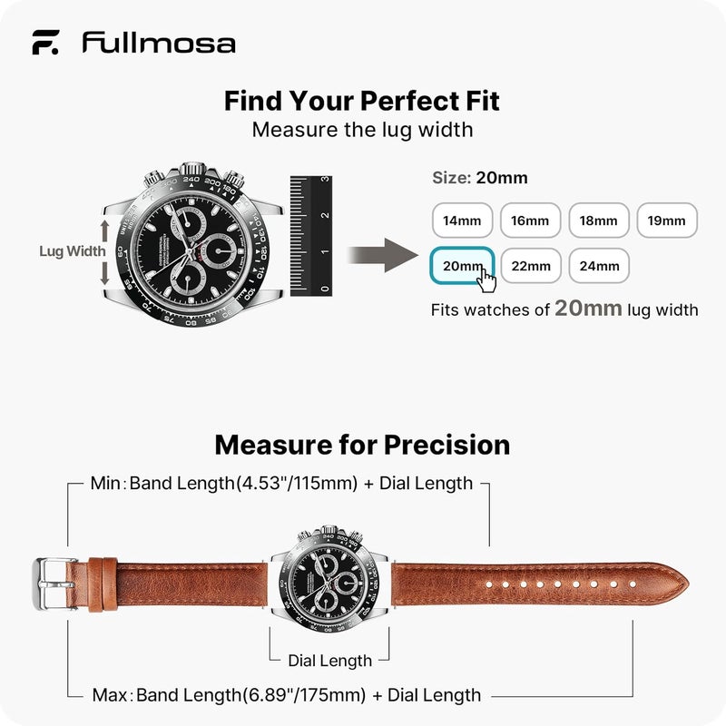 Fullmosa Quick Release Leather Watch Band, Treen Gradient Color Tanned Leather Watch Strap with Stainless Metal Clasp 20mm Brown - Image 5