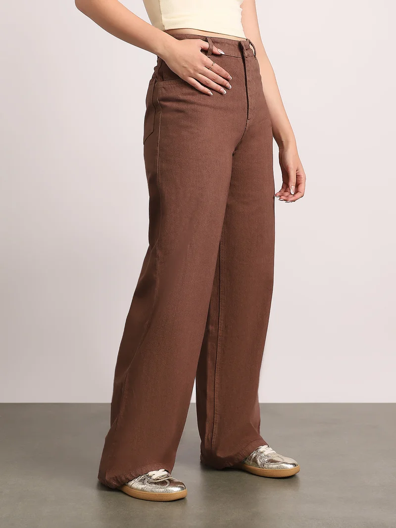 Urbano Fashion  Urbano Fashion Women's Brown High Rise Loose Baggy Fit Washed Jeans Non-Stretchable  | Best Price UAE
