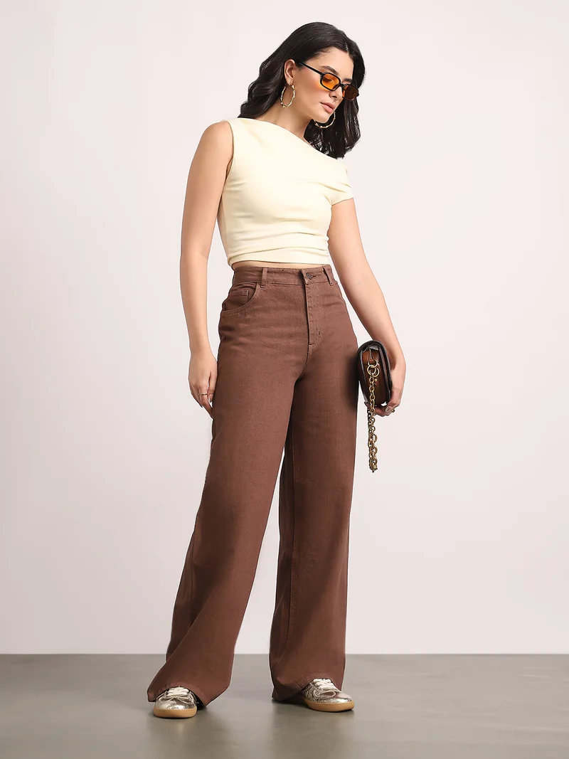 Urbano Fashion  Urbano Fashion Women's Brown High Rise Loose Baggy Fit Washed Jeans Non-Stretchable  | Best Price UAE