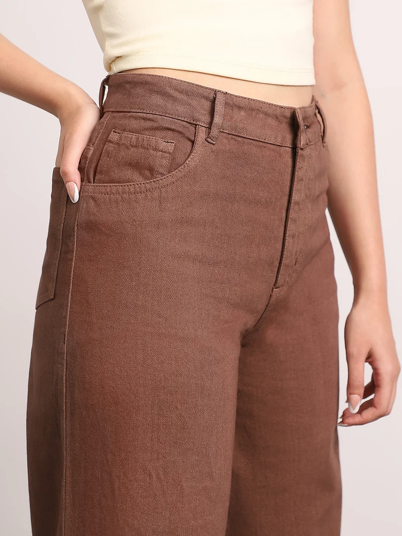 Urbano Fashion  Urbano Fashion Women's Brown High Rise Loose Baggy Fit Washed Jeans Non-Stretchable  | Best Price UAE