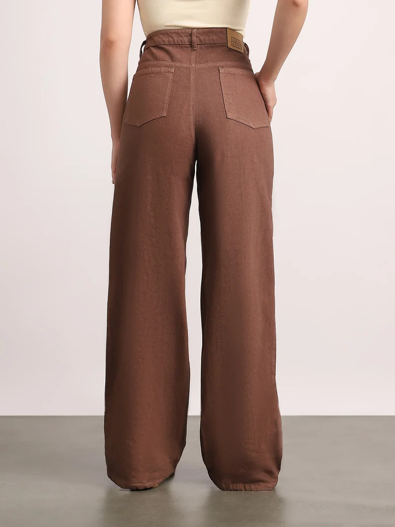Urbano Fashion  Urbano Fashion Women's Brown High Rise Loose Baggy Fit Washed Jeans Non-Stretchable  | Best Price UAE