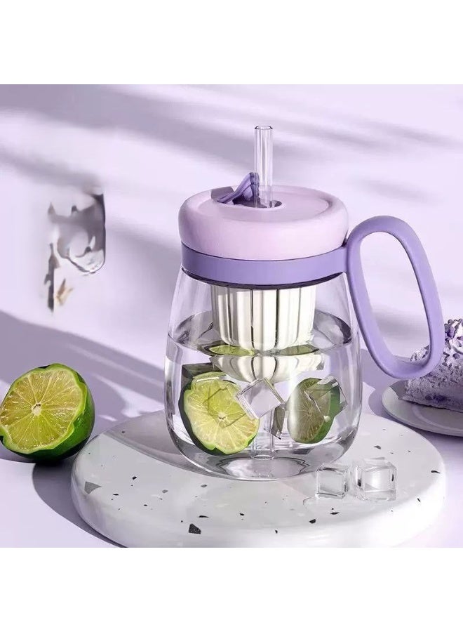 Glass juice mug with straw, 2 straw holes, and an internal filter - Image 1
