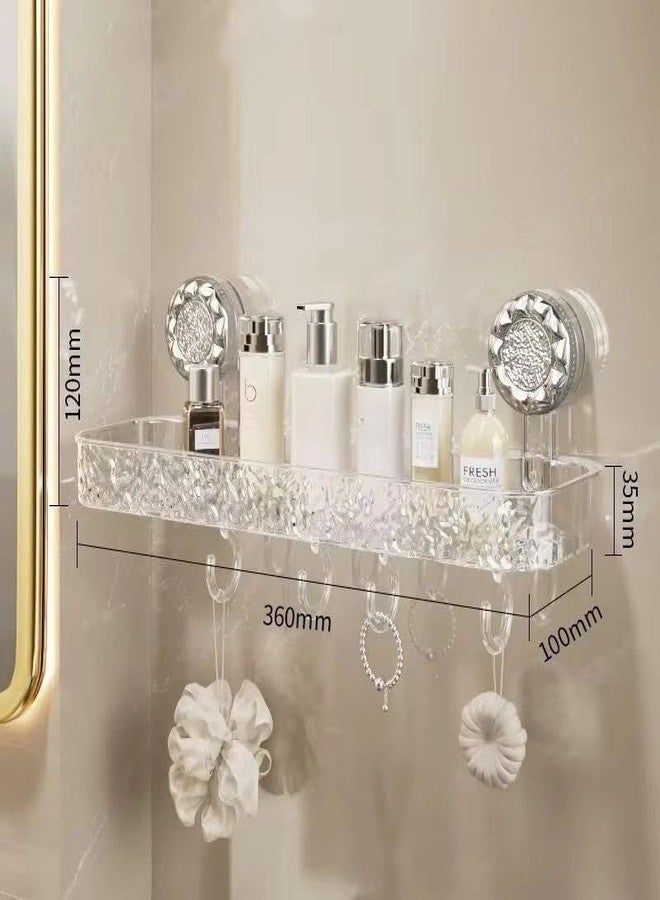 ELMVIA Suction Cup Bathroom Shelf with Hooks, 36cm Wall Mounted Storage Rack for Shampoo, Soap & Cosmetics, Transparent Luxury Organizer for Bathroom, Kitchen & Wash Basin ((2 Pack)) - Image 2