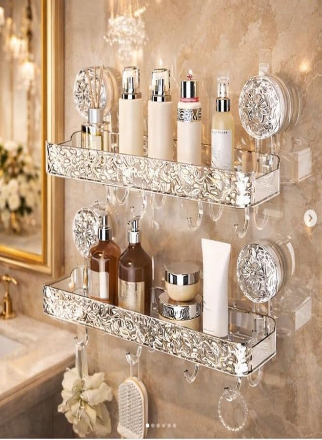 ELMVIA Suction Cup Bathroom Shelf with Hooks, 36cm Wall Mounted Storage Rack for Shampoo, Soap & Cosmetics, Transparent Luxury Organizer for Bathroom, Kitchen & Wash Basin ((2 Pack)) - Image 1