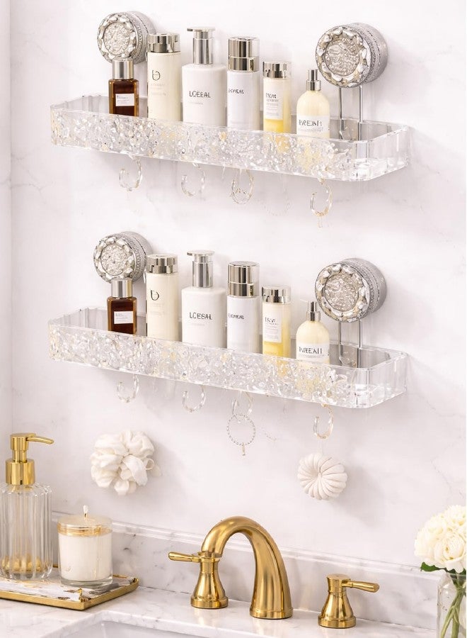 ELMVIA Suction Cup Bathroom Shelf with Hooks, 36cm Wall Mounted Storage Rack for Shampoo, Soap & Cosmetics, Transparent Luxury Organizer for Bathroom, Kitchen & Wash Basin ((2 Pack)) - Image 5
