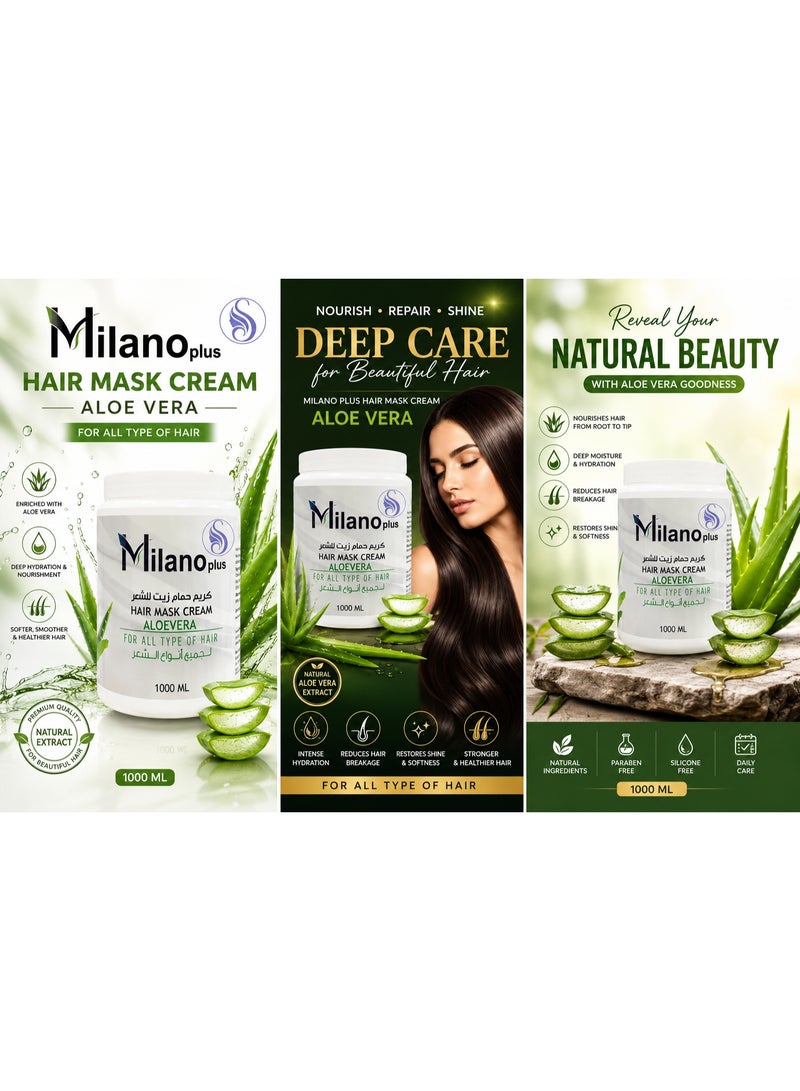 Milano Plus Hair Mask Cream Aloe Vera 1000ml Infused with Real Extracts for Natural shine and care for Hair | Salon Care at Home - Image 2