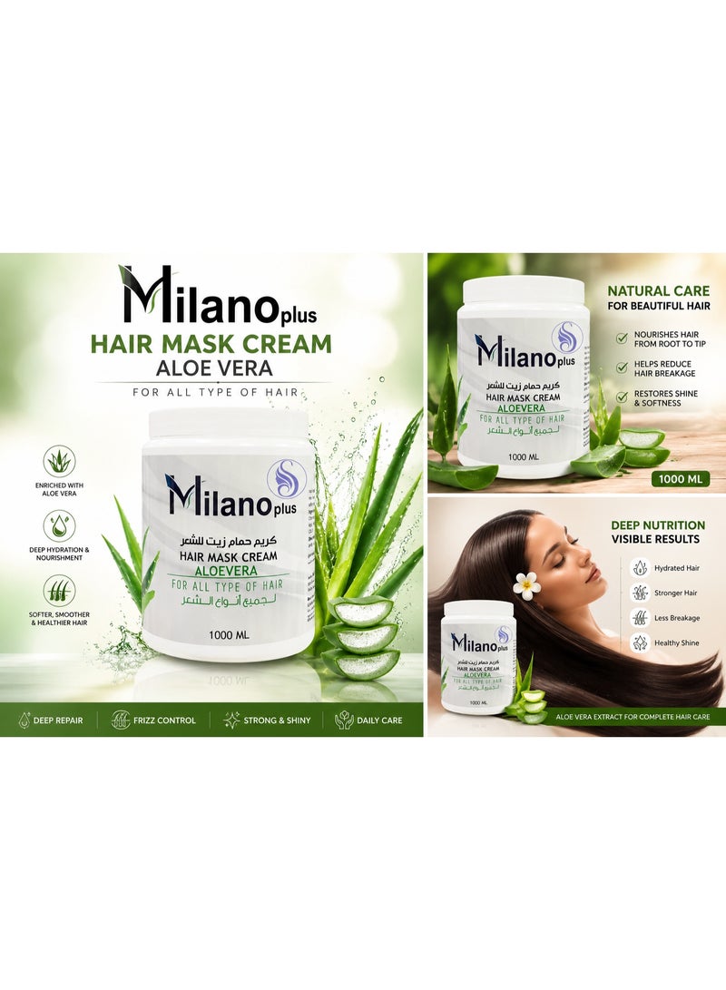 Milano Plus Hair Mask Cream Aloe Vera 1000ml Infused with Real Extracts for Natural shine and care for Hair | Salon Care at Home - Image 3