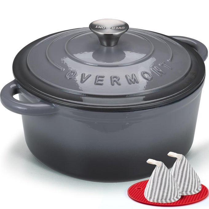ENAMELED CAST IRON DUTCH OVEN 45QT POT WITH LID COOKBOOK COTTON POTHOLDERS HEAVYDUTY COOKWARE FOR BRAISING STEWS ROASTING BREAD BAKING GREY