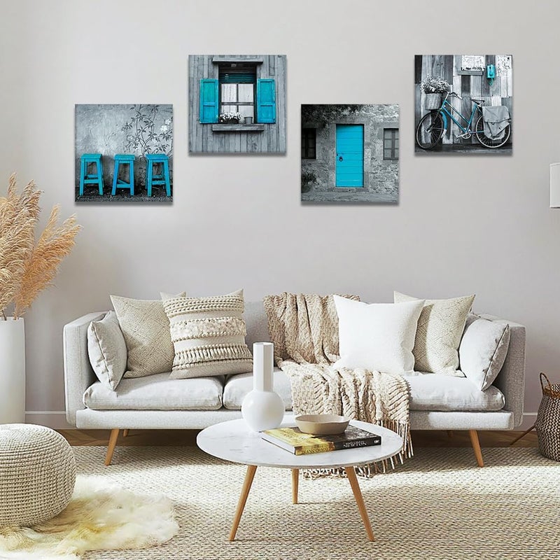 Artscope 4 Pieces Wall Art Canvas Prints - Blue and Grey Picture Painting - Modern Wall Artwork Framed for Gifts Bathroom Home Kitchen Office Decor - 30 x 30 CM - Image 2