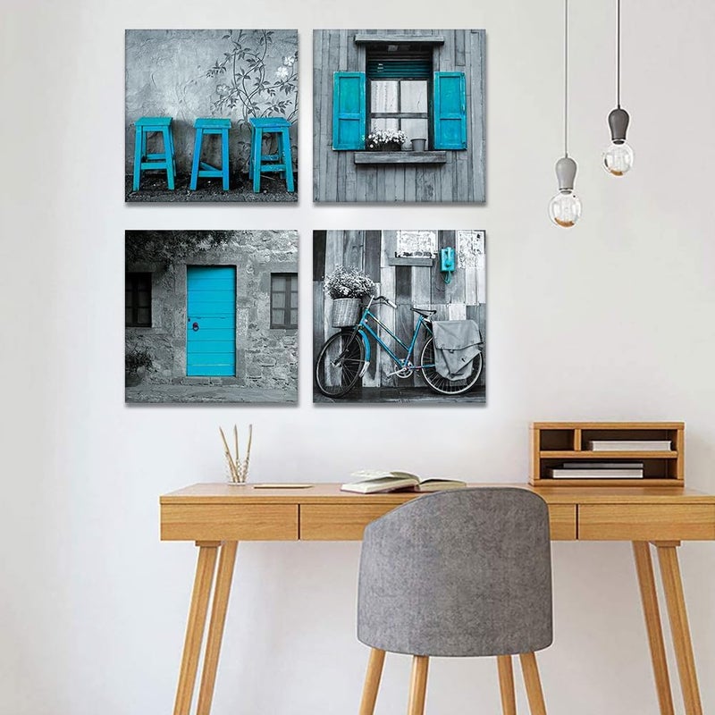 Artscope 4 Pieces Wall Art Canvas Prints - Blue and Grey Picture Painting - Modern Wall Artwork Framed for Gifts Bathroom Home Kitchen Office Decor - 30 x 30 CM - Image 5