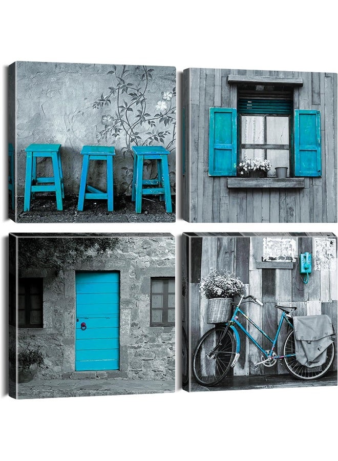 Artscope 4 Pieces Wall Art Canvas Prints - Blue and Grey Picture Painting - Modern Wall Artwork Framed for Gifts Bathroom Home Kitchen Office Decor - 30 x 30 CM - Image 1
