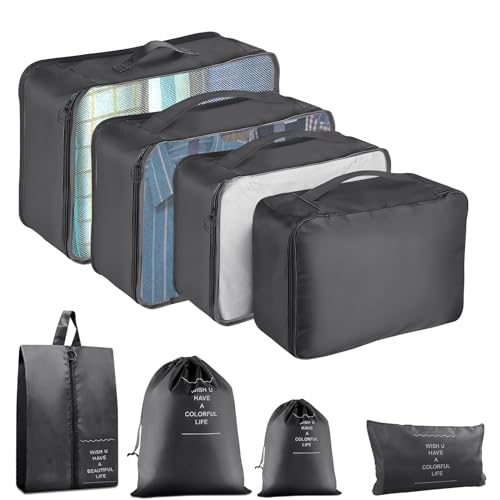 YEEYAA Packing Cubes for Travel 8 Set Luggage Organizer Bags for Family Mesh Breathable Travel Packing Cubes for Suitcases Durable Travel Essentials Bags Set Black 8 Set - Image 1