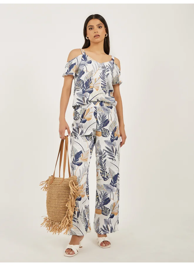 Take Two Take Two Women Printed Cold-Shoulder Sleeve Top and Wide Leg Pants Co-Ords