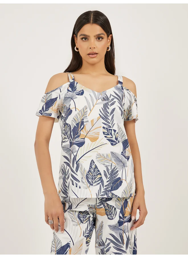 Take Two Take Two Women Printed Cold-Shoulder Sleeve Top and Wide Leg Pants Co-Ords