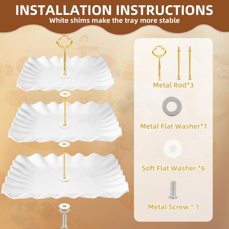 DIDROOM 10 Pack Dessert Table Display Set - 4 x Three-Tier Square Cupcake Stands and 6 x Serving Trays, Elegant Tableware for Cakes, Cupcakes, Pastries, and Snacks, Perfect for Parties (White) - Image 3