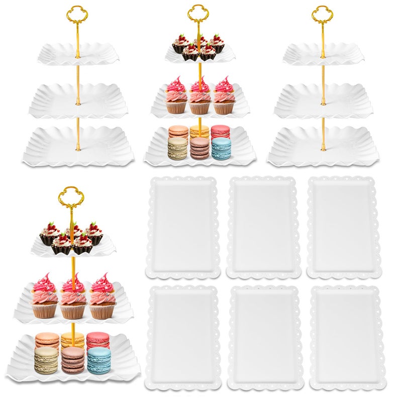 DIDROOM 10 Pack Dessert Table Display Set - 4 x Three-Tier Square Cupcake Stands and 6 x Serving Trays, Elegant Tableware for Cakes, Cupcakes, Pastries, and Snacks, Perfect for Parties (White) - Image 1